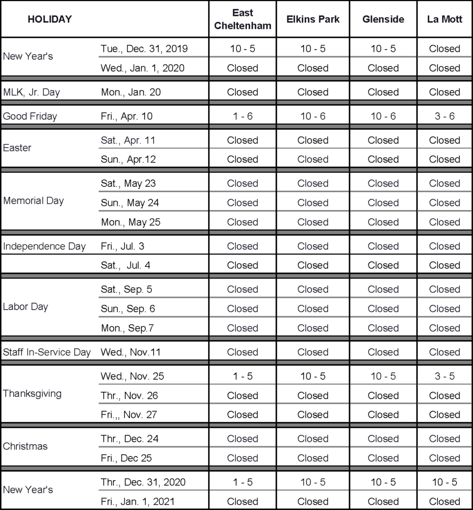 Holiday Calendar | Cheltenham Township Library System